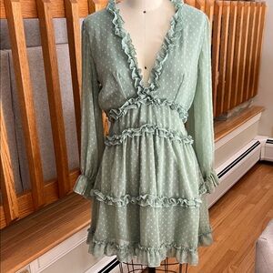 Zara Sage Green Ruffled V‑Neck Tiered Long‑Sleeve Mini Dress
